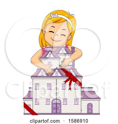 Clipart of a Red Haired White Girl Hugging a New Doll House She Received As a Gift - Royalty Free Vector Illustration by BNP Design Studio