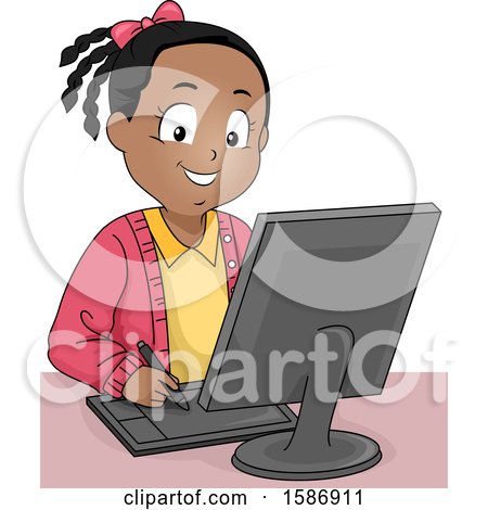 Clipart of a Black Girl Drawing Using a Graphics Tablet on Computer - Royalty Free Vector Illustration by BNP Design Studio
