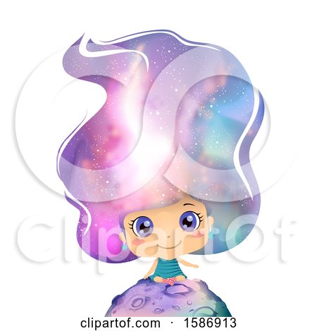 Clipart of a Girl Sitting on Top of a Planet with Outer Space on Her Hair - Royalty Free Vector Illustration by BNP Design Studio