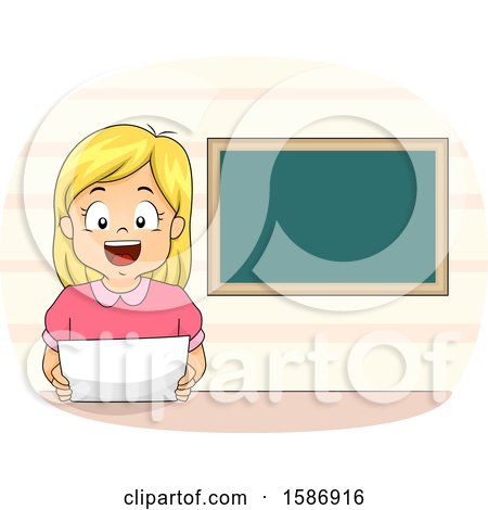 Clipart of a Blond White Girl Reading the News with a Blank Blackboard Behind - Royalty Free Vector Illustration by BNP Design Studio