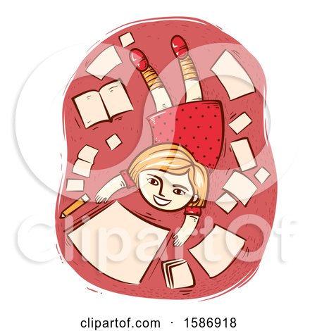 Clipart of a White Girl Lying down on the Floor with Paper and Pencil - Royalty Free Vector Illustration by BNP Design Studio