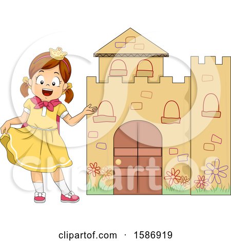 Clipart of a Brunette White Girl Princess Welcoming Us in Her Castle in a Play - Royalty Free Vector Illustration by BNP Design Studio