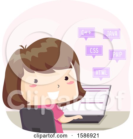 Clipart of a Brunette White Girl Programming on Her Laptop Using Different Programming Language - Royalty Free Vector Illustration by BNP Design Studio