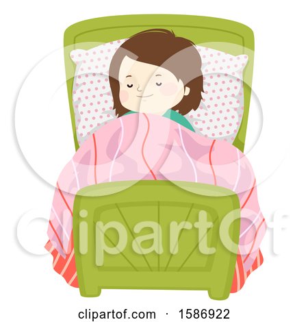 Clipart of a Brunette White Girl Sleeping Happily on Her Bed - Royalty Free Vector Illustration by BNP Design Studio