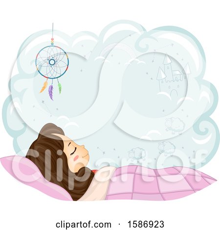 Clipart of a Brunette White Girl Sleeping on Her Bed with a Dream Catcher and a Cloud with Space for Text - Royalty Free Vector Illustration by BNP Design Studio