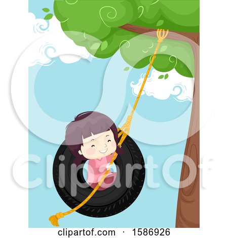 Clipart of a Brunette White Girl Sitting on a Swing Made from an Old Tire Hanging down the Tree - Royalty Free Vector Illustration by BNP Design Studio
