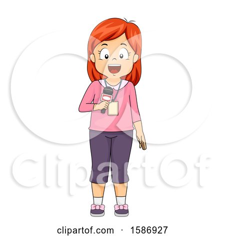 Clipart of a Red Haired White Girl Wearing an ID, Reporting, Speaking While Holding a Microphone - Royalty Free Vector Illustration by BNP Design Studio