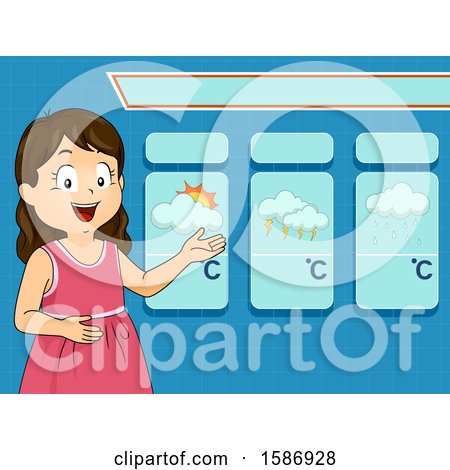 Clipart of a Brunette White Girl Reporting and Presenting Weather Forecast - Royalty Free Vector Illustration by BNP Design Studio
