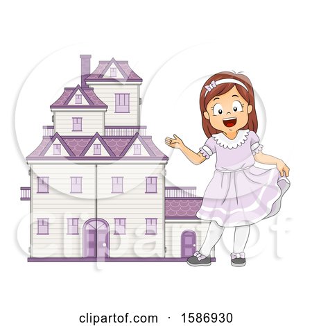 Clipart of a Brunette White Girl Welcoming Us to Her Big Doll House - Royalty Free Vector Illustration by BNP Design Studio