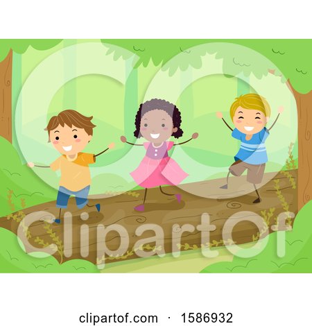 Clipart of a Group of Children Balancing and Walking on a Log in the Woods - Royalty Free Vector Illustration by BNP Design Studio