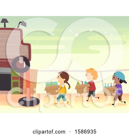 Clipart of a Group of Children Bringing Used Paper, Plastic Containers and Bottles in Boxes to Sell at a Junk Shop - Royalty Free Vector Illustration by BNP Design Studio