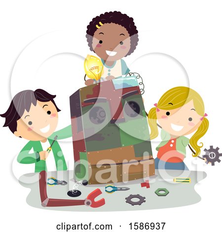 Clipart of a Group of Children Building a Robot Made from Different Scraps from Junk Yard - Royalty Free Vector Illustration by BNP Design Studio