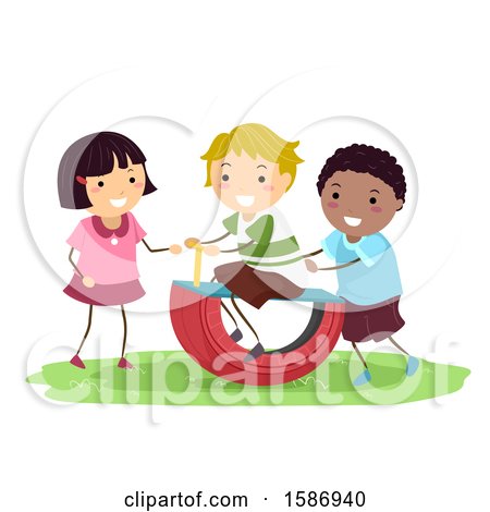 Clipart of a Group of Children Using a DIY Tire Rocker in the Playground - Royalty Free Vector Illustration by BNP Design Studio