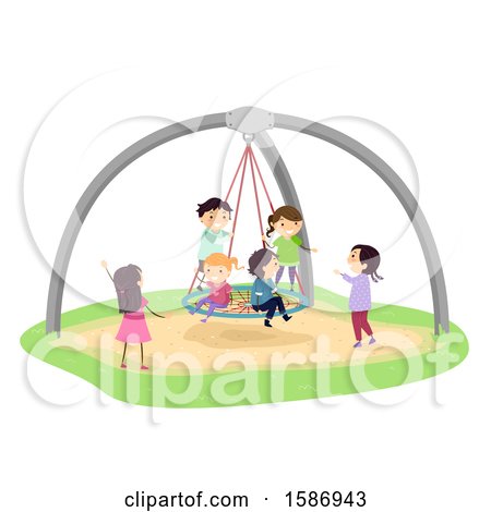 Clipart of a Group of Children Playing in a Giant Birds Nest Swing in the Playground - Royalty Free Vector Illustration by BNP Design Studio