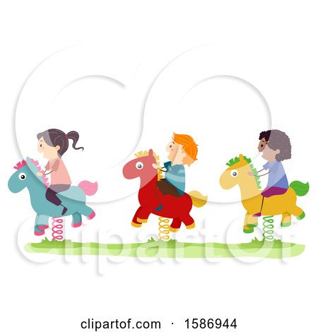 Clipart of a Group of Children Riding a Horse Rocker in the Playground - Royalty Free Vector Illustration by BNP Design Studio