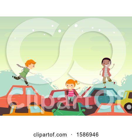 Clipart of a Group of Children Playing in the Junkyard with Old Cars - Royalty Free Vector Illustration by BNP Design Studio
