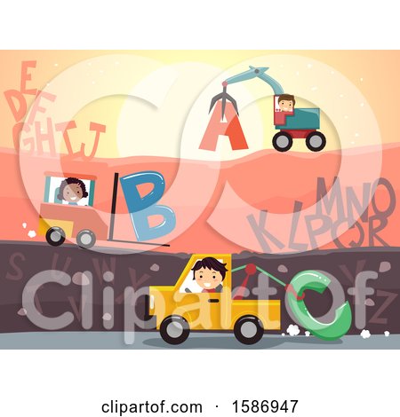 Clipart of a Group of Children in a Junk Yard with Letters - Royalty Free Vector Illustration by BNP Design Studio
