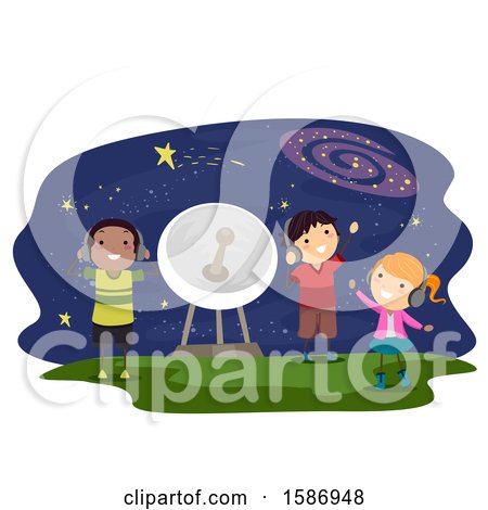 Clipart of a Group of Children Listening to Sounds in Outer Space - Royalty Free Vector Illustration by BNP Design Studio