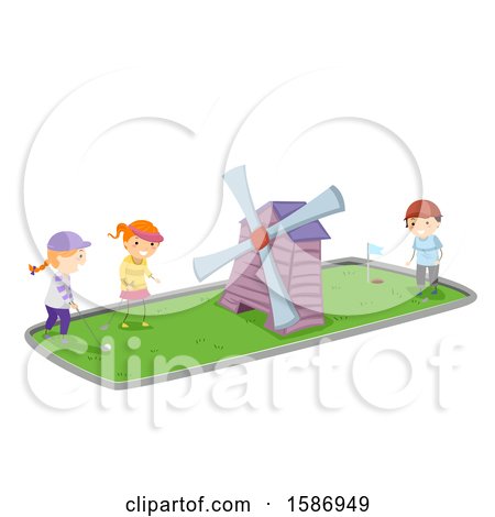 Clipart of a Group of Children Playing Miniature Golf - Royalty Free Vector Illustration by BNP Design Studio