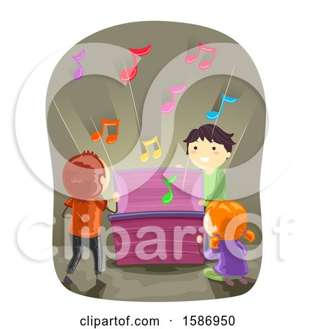 Clipart of a Group of Children Opening a Chest with Musical Notes Coming out - Royalty Free Vector Illustration by BNP Design Studio