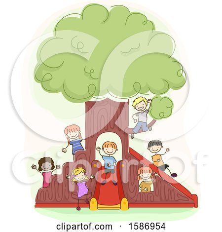 Clipart of a Group of Children Playing Around an Indoor Playground Tree - Royalty Free Vector Illustration by BNP Design Studio
