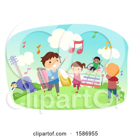 Clipart of a Group of Children Playing with Instruments Outdoors - Royalty Free Vector Illustration by BNP Design Studio