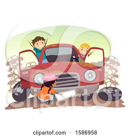 Clipart of a Group of Children Playing with a Car in the Junk Yard - Royalty Free Vector Illustration by BNP Design Studio