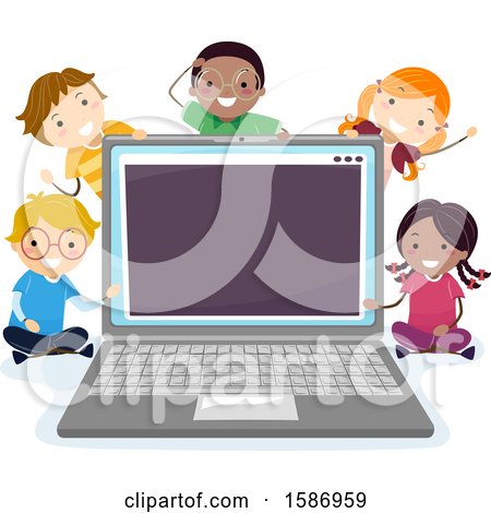 Clipart of a Group of Children Around a Giant Laptop - Royalty Free Vector Illustration by BNP Design Studio