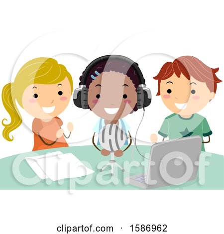 Clipart of a Group of Children Recording a School Podcast - Royalty Free Vector Illustration by BNP Design Studio