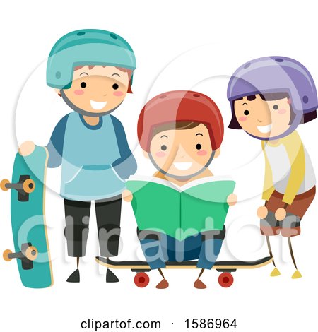 Clipart of a Group of Children Reading a Book About Skateboarding Tricks - Royalty Free Vector Illustration by BNP Design Studio