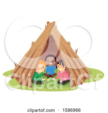 Clipart of a Group of Children in a Garden Teepee - Royalty Free Vector Illustration by BNP Design Studio