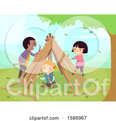 Clipart of a Group of Children Making a Garden Teepee - Royalty Free Vector Illustration by BNP Design Studio