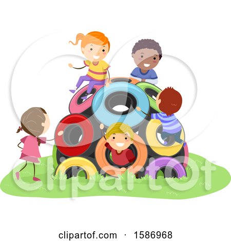 Clipart of a Group of Children Playing in a Tire Dome in the Playground - Royalty Free Vector Illustration by BNP Design Studio