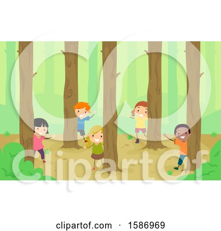 Clipart of a Group of Children Peeking Around Trees in the Woods - Royalty Free Vector Illustration by BNP Design Studio