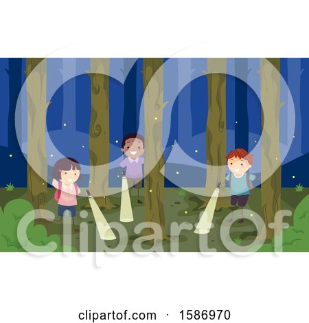 Clipart of a Group of Children Shining Flashlights in the Woods at Night - Royalty Free Vector Illustration by BNP Design Studio