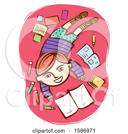 Clipart of a Red Haired White Boy Reading a Book with Markers and Notes Lying Around - Royalty Free Vector Illustration by BNP Design Studio