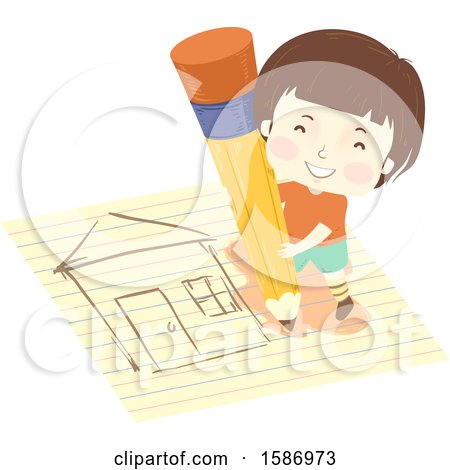 Clipart of a Boy Holding a Pencil and Drawing a House on Paper - Royalty Free Vector Illustration by BNP Design Studio