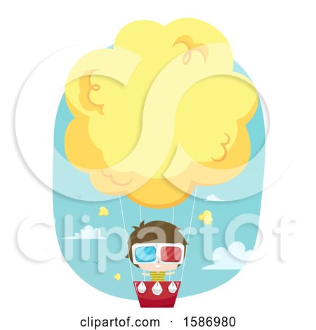 Clipart of a Brunette White Boy Wearing 3D Glasses and Riding a Big Popcorn Hot Air Balloon - Royalty Free Vector Illustration by BNP Design Studio