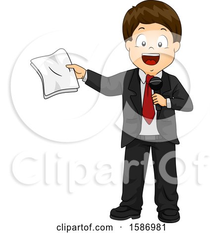 Clipart of a Brunette White Boy Talking As a Host with Microphone and Script - Royalty Free Vector Illustration by BNP Design Studio