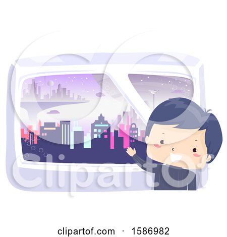 Clipart of a Boy Showing the View of a City from His Window - Royalty Free Vector Illustration by BNP Design Studio