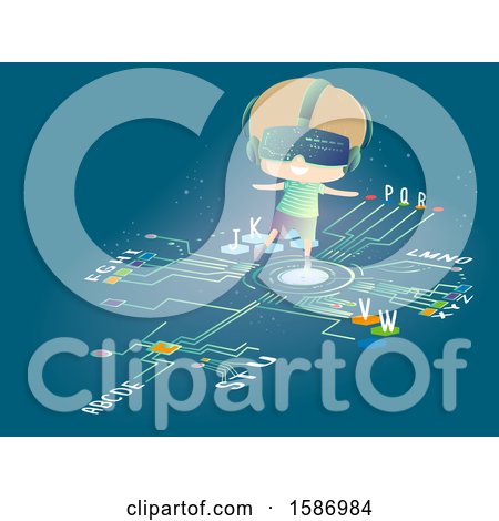 Clipart of a Blond White Boy Wearing Virtual Reality Goggles Walking on the Alphabet - Royalty Free Vector Illustration by BNP Design Studio