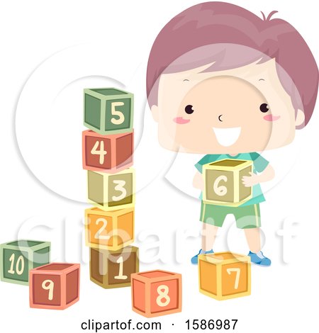 Clipart of a White Boy Counting and Building a Cube Tower - Royalty Free Vector Illustration by BNP Design Studio