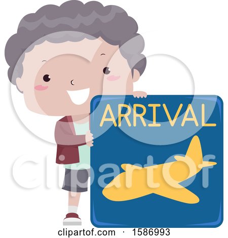 Clipart of a Boy Holding an Arrival Sign - Royalty Free Vector Illustration by BNP Design Studio