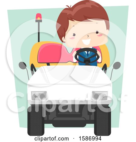 Clipart of a Boy Driving an Electric Car at the Airport - Royalty Free Vector Illustration by BNP Design Studio
