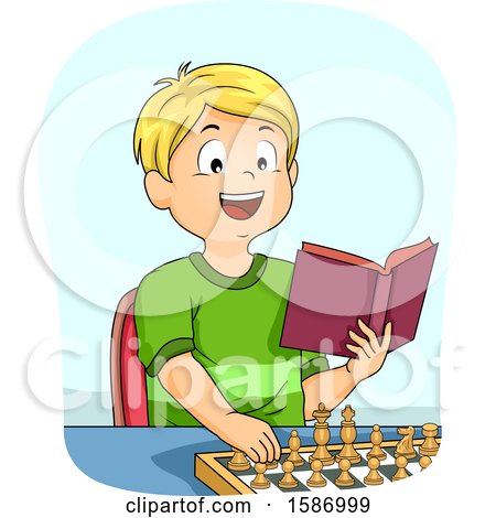 Clipart of a Blond White Boy Reading a Book and Practicing Chess Moves - Royalty Free Vector Illustration by BNP Design Studio