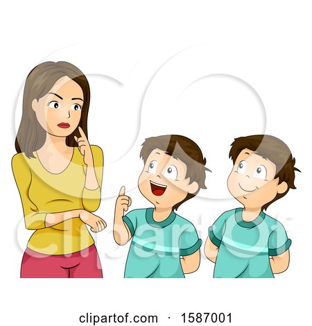 Clipart of a Mother Talking to Her Twin Boys - Royalty Free Vector Illustration by BNP Design Studio