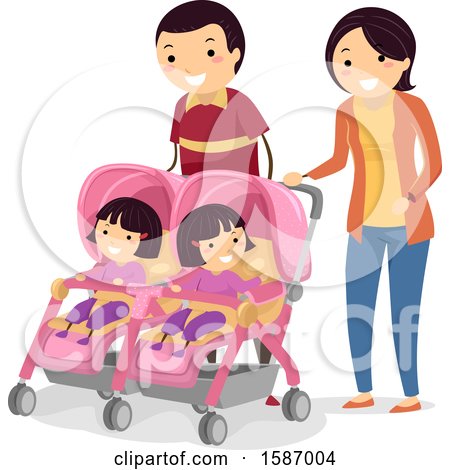 Clipart of Parents Walking with Their Twin Girls in Strollers - Royalty Free Vector Illustration by BNP Design Studio