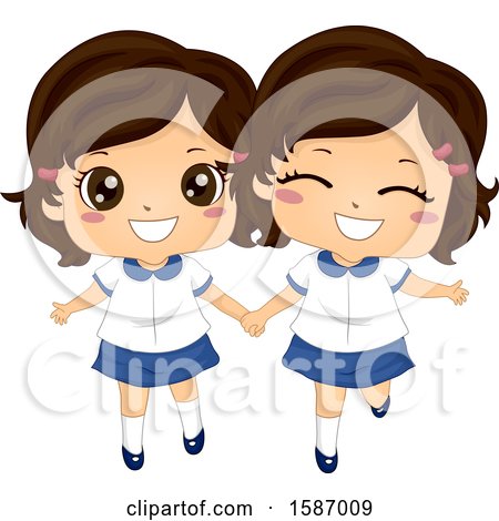 Clipart of Twin Girls in Matching School Uniforms - Royalty Free Vector Illustration by BNP Design Studio