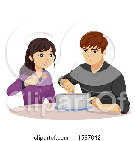 Clipart of a Teen Couple Eating a Rice Dish from a Pot - Royalty Free Vector Illustration by BNP Design Studio