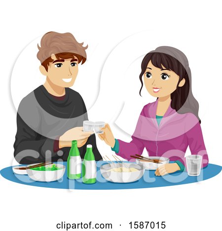 Clipart of a Teen Couple Drinking Soju - Royalty Free Vector Illustration by BNP Design Studio